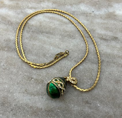 Lot 9-SIGNED MONET!  Elegant Costume Gold Chain With Green Enamel Egg Pendant