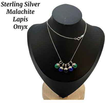Lot 18- Sterling Silver Chain With Malachite Onyx & Lapis Round Pendants (5)