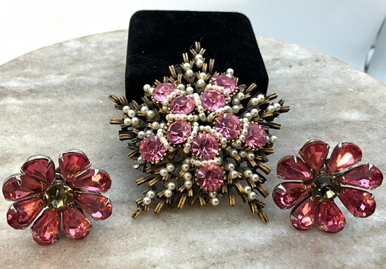 Lot 74SES- Stunning! Pink Rhinestone Brooch And Clip On Flower Earrings - Not Signed