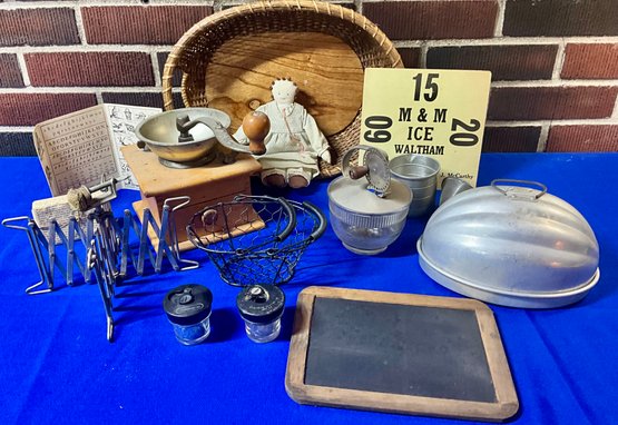 Lot 36- Primitive Kitchen Items - Coffee Grinder - Androck Hand Mixer - Plum Pudding - Doll - Basket