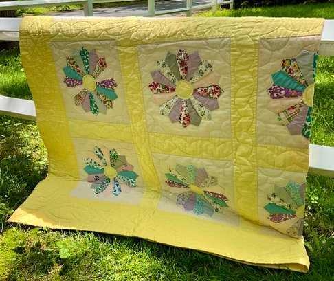 Lot 72- Antique Dresden Hand Made Yellow Quilt Twin Size 50 Inches X 83 Inches