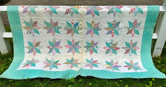 Lot 73- Antique 8 Point Star Light Aqua Hand Made Quilt Full Double Queen Size 82 Inches X 6 Feet