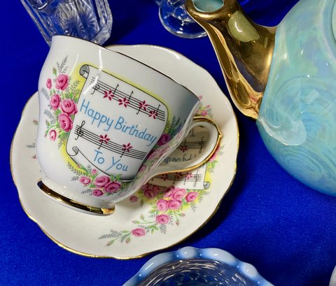 Lot 79- HAPPY BIRTHDAY! Tea Cup - Queen Elizabeth Coronation - Hobnail Pitcher - Acme Tea Pot - Cream - Sugar