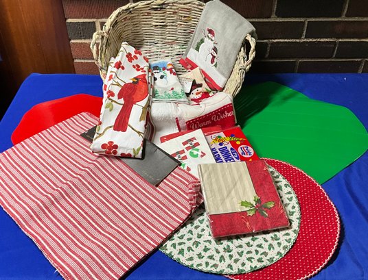 Lot 94- Christmas Linens - Red & Green Placemats - New Dishtowels And Napkins - Basket