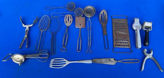 Lot 702- Antique Early Kitchen Tools - Rumford- Bromco- Ekco- Popell- Grater - Spatula - Egg Beater  Lot Of 16