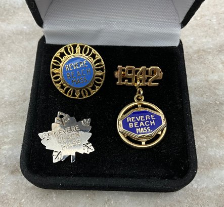 Lot 82- 1942 REVERE BEACH, MASS Blue Enamel Jewelry Pin And Liberty Silver Leaf Pendant - Lot Of 3