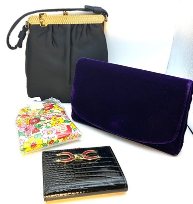 Lot 402- Deep Purple Velvet Clutch- Black Evening Bag- Alligator Cowhide Wallet - Change Purse Cigarette Case
