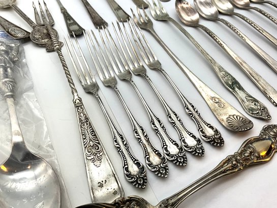 Lot 1- Antique Silver Plate Utensil Collection- Teaspoons- Demitasse- Cocktail Forks - Master Salt Spoon - 33