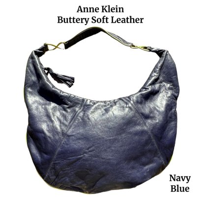 Lot 321SES- Large Vintage Navy Blue Anne Klein For Calderon Hobo Purse - Buttery Soft Leather