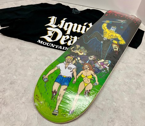 Lot 26- Liquid Death Mountain Water - Sealed Skate Board & T Shirt XL - By Will Carsola