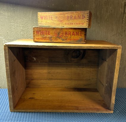 Lot 410-advertising Wood Crates - 1 Big Box And 2 White Brand Cream Cheese With Dovetail Joints