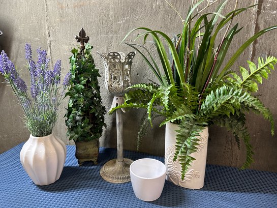 Lot 465- Faux Flower Lot Of Home Decor - Ivy Topiary - Fern - Artificial Lavender - Metal Plant Candle Stand