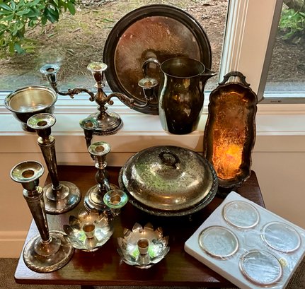 Lot 536- Silver Plate Lot- Mixed Names Gorham - Leonard- Towle Candelabra - Bowls - Coasters
