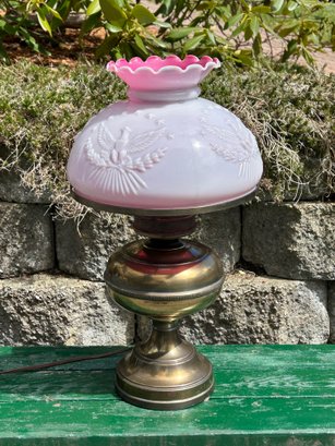 Lot 227- Beautiful Brass Electrified Oil Lamp - Hurricane Lamp- Federal Eagle Pattern With Pink Milk Glass