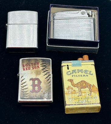 Lot 300- 4 Vintage Lighters - 1 In Gibson Original Box  - Pack Lite Camel - Zippo - Boston Red Sox