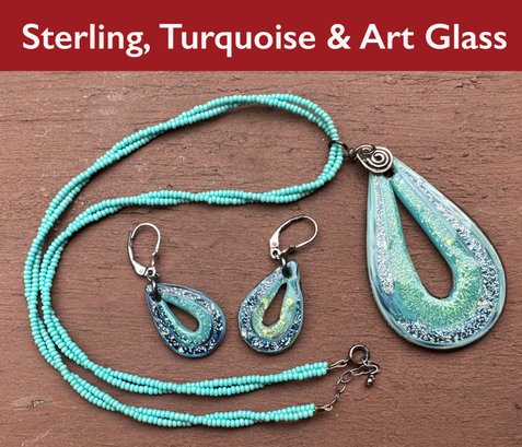 Lot 301- Sterling Silver Turquoise Beads & Art Glass Necklace & Earrings