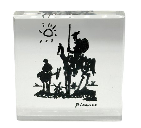 Lot 312- Pablo Picasso Don Quixote Beveled Edge Clear Lucite Paperweight Cube