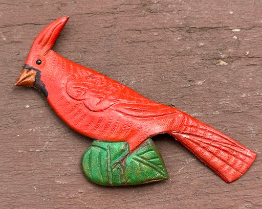 Lot 316- Hand Crafted Red Leather Cardinal Bird Pin