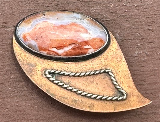 Lot 315- Mid Century Copper Mixed Metal & Gemstone Brutalist Brooch - MCM