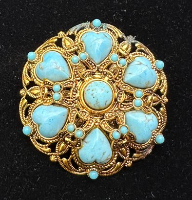 Lot 330- Antique Costume Filigree & Turquoise Brooch Made In West Germany