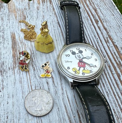 Lot 365- Disney Lot - Pin - Watch - Pendant - Chain - Mickey Minnie Mouse -princess  Belle