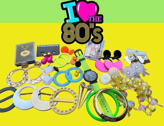 Lot 373- 1980s NEON Retro Lot - Bracelets - Shirt Ties - Earrings - Awatch Quartz Watch - Hot Pink - Aqua