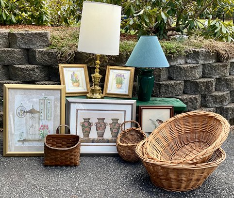 Lot 345- Home Decor Lot - Wall Prints Art - Large Baskets - Brass Table Lamp & Green Ceramic Lamp Lot Of 11
