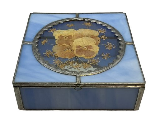Lot 42- Blue Stained Glass With Mirror Bottom Trinket Dresser Jewelry Box