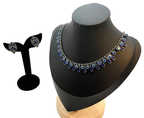 Lot 16- Vintage Blue-black Rhinestone With Blue Enamel Choker & Matching Clip On Earrings