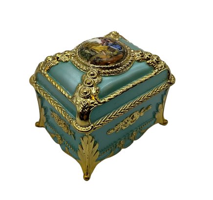 Lot 4- Victorian Scene Musical Dresser Trinket Box - Velvet Lined - Made In Japan