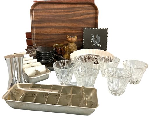 Lot 91- Mid Century Cut Glass Barware - Ice Cube Trays - Slate - Cat Vase - Salt & Pepper - Casserole Dish