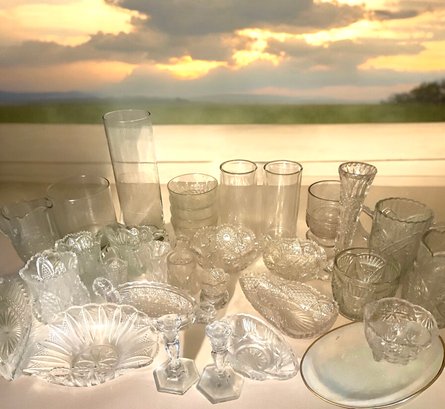 Lot 47- Collection Of Pressed Glass- Vases - Bowls - Candle Sticks - Clear Glass Vintage Dishware