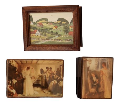 Lot 419- Collection Of 3 Wood Lacquered Swiss Music Boxes - New Old Stock - Vintage Wedding Scene
