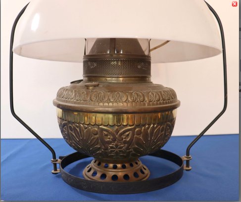 Lot 273- 1800s Empire Milk Glass Antique Hanging Brass Oil Lamp Light Lantern With Glass Chimney