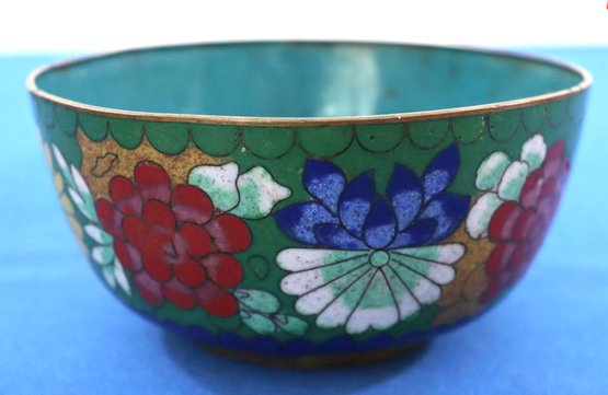 Lot 121- Antique Enameled Cloisonne Bowl - Aqua & Cobalt Blue With Bright Colored Flowers
