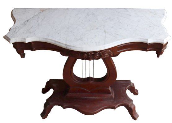 Lot 135- Classical Mid 20th Century Victorian Empire Mahogany Marble Top Harp Lyre Console Table