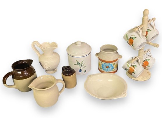 Lot 449- Mixed Kitchen Items -Stoneware Crocks- Royal Worcester Mugs - Water Pitcher SECLA Canister