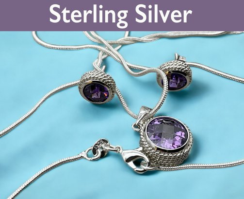 Lot 19- Sterling Silver Necklace & Purple Crystal Pendant W/ Matching Earrings