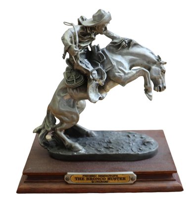Lot 23- 1987  ' The Bronco Buster ' Chilmark Pewter Statue On Wood Base - Frederick Remington - Wild Horse