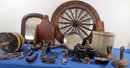 Lot 132- Mixed Primitive - Spinning Wheel - Irons - Mirror - Vase - Match Holders - Lobster Buoy