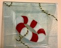 Lot 323- Art Glass Square Nautical Platter With Life Preserver 13x13 - For Your Oceanside Home