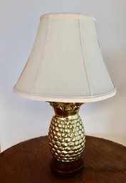 Lot 414- Brass Pineapple Electric Table Lamp On Wooden Base With Shade