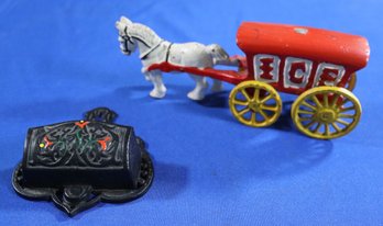 Lot 240- Cast Iron Fireside Match Holder & Horse Drawn Ice Wagon Toy