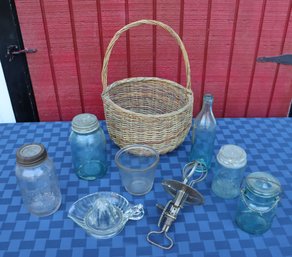 Lot 264 - Farm House Basket Of Blue Ball Mason Jars - Kitchen Canning Essentials - Glass Hand Mixer