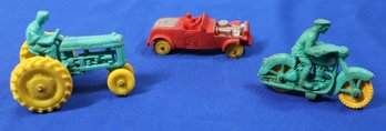 Lot 152- 1950-1960s Vintage 3 Piece Auburn Rubber Toy Lot - Hot Rod Racer - Tractor - Motorcycle Cop
