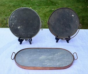 Lot 278 - Antique Lot Of 3 Stone & Metal Plate / Pot Warmers - Farmhouse Decor - Copper Clad Oval