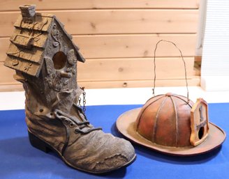 Lot 200 - Fireman's Bird House Lot - Boot & Helmet- Lawn And Garden