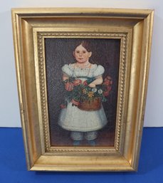 Lot 111- Reproduction American Folk Art Portrait Girl Basket Of Flowers Artist PETER TILLOU With Gold Frame