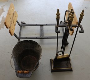 Lot 115- Vintage Fireplace 4 Piece Tool Set - Log Holder Rack - Ash Bucket - Shovel