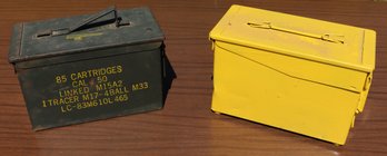 Lot 100- Two Metal .50 Caliber Empty Ammo Boxes - Green & Yellow